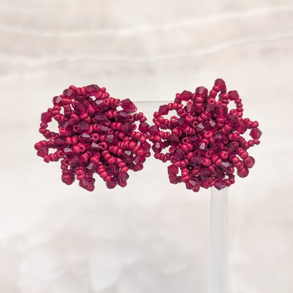 Vintage Clip On Earrings Extra Large Seed Bead Cluster Red Statement